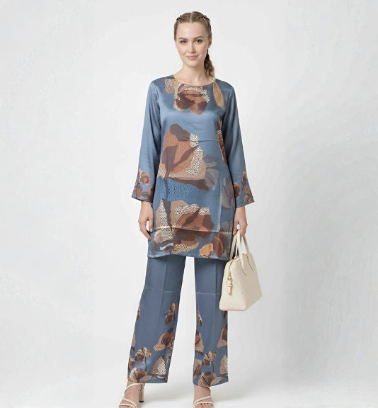 Steel Blue Satin Silk Formal Coord Set for Women