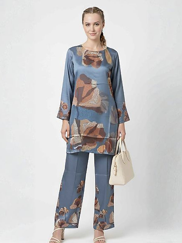 Steel Blue Satin Silk Formal Coord Set for Women