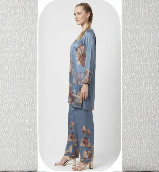 Steel Blue Satin Silk Formal Coord Set for Women