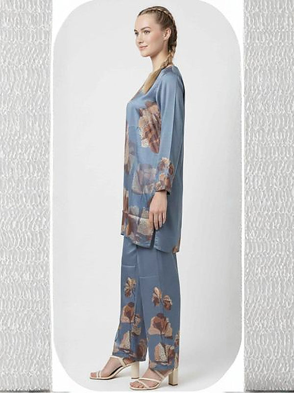 Steel Blue Satin Silk Formal Coord Set for Women