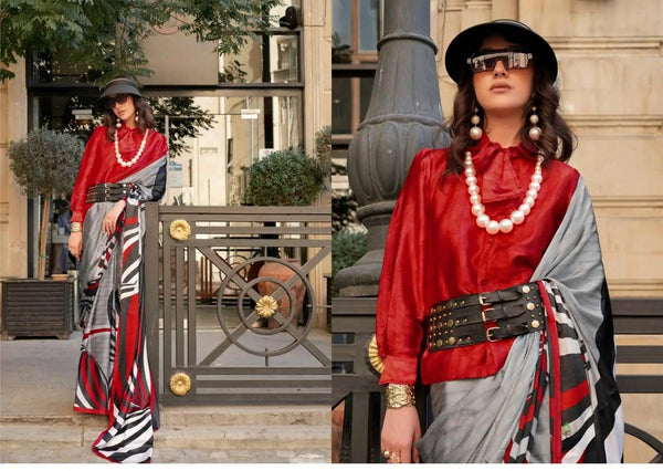 Red and Grey Satin Silk Designer Printed Saree