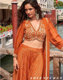 Rust Orange Embroidered Indo-Western Silk Palazzo Set with Dupatta