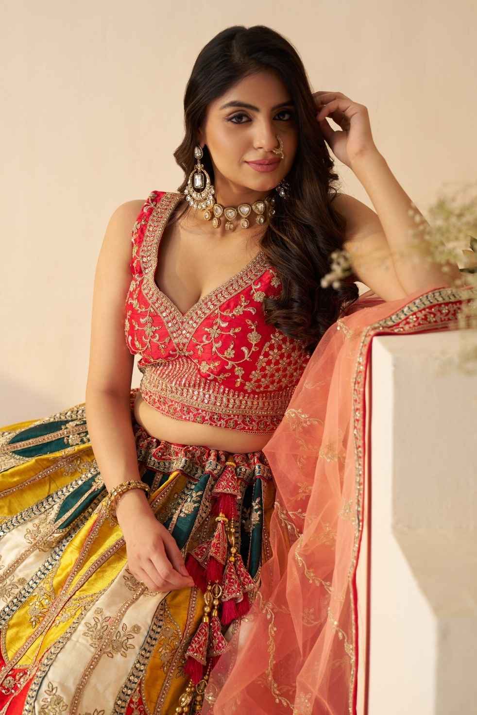 Multicolour Bridal & Haldi Embroidered Silk Lehenga Choli Set