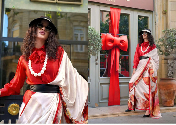 White and Red Satin Silk Floral Printed Saree
