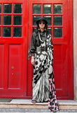 Black and Grey Satin Silk Designer Printed Saree