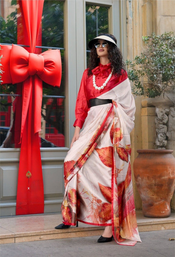 White and Red Satin Silk Floral Printed Saree