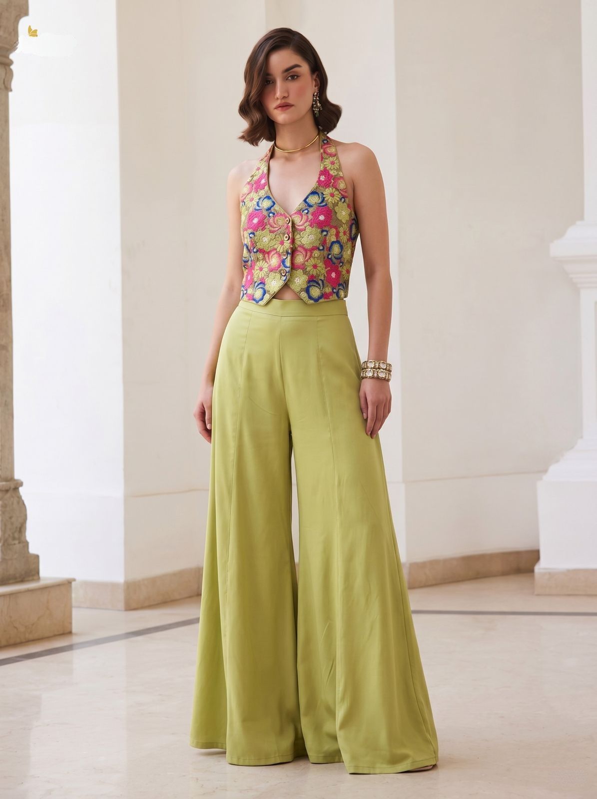 Olive Green Soft Silk Indo Western Designer Palazzo Set