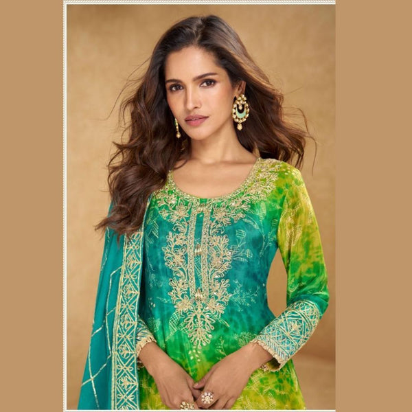 Designer Green & Teal Chinon Silk Party Wear Palazzo Suit