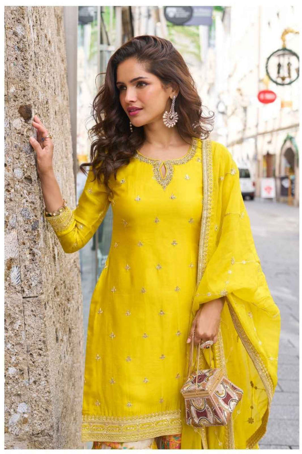 Designer Yellow Real Chinon Party Wear Sharara Suit for Women