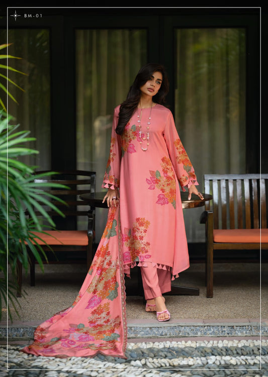 Coral Pink Floral Digital Print Viscose Muslin Suit with Handwork - Tropical Paradise
