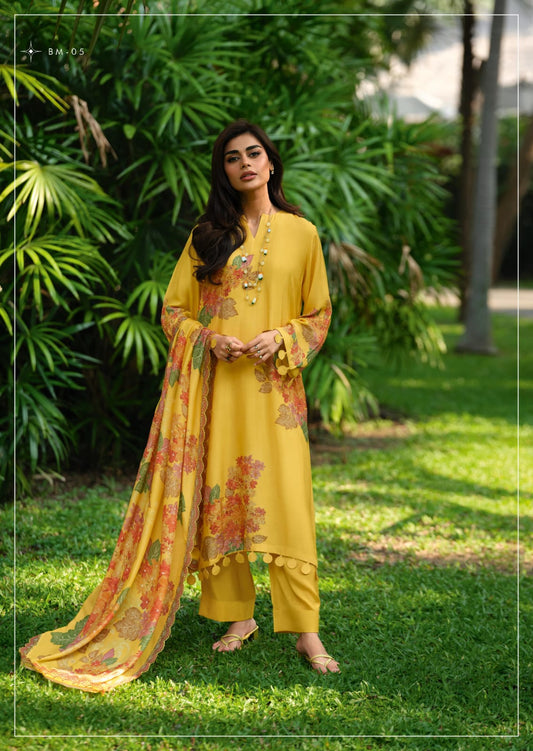 Sunshine Yellow Floral Digital Print Viscose Muslin Suit - Vibrant Summer Bloom