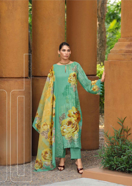 Elegant Mint Green Floral Cotton Linen Suit with Yellow Rose Print Dupatta - Unstitched