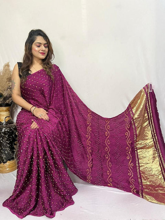 Magenta Bandhani Saree with Golden Border - Rich Tie-Dye Splendor