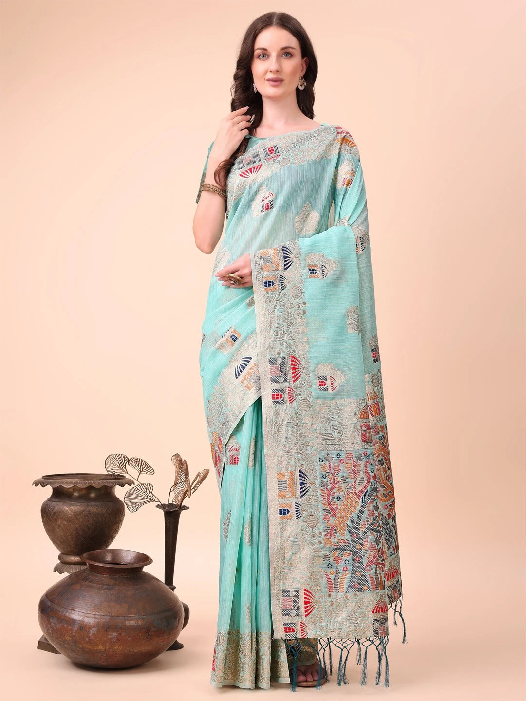 Light Blue Embroidered Linen Cotton Saree with Artistic Motifs