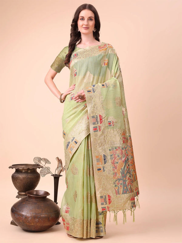 Pastel Green Embroidered Linen Saree with Artistic Motifs