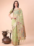 Pastel Green Embroidered Linen Saree with Artistic Motifs