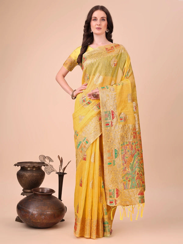 Yellow Embroidered Linen Saree with Artistic Handloom Motifs