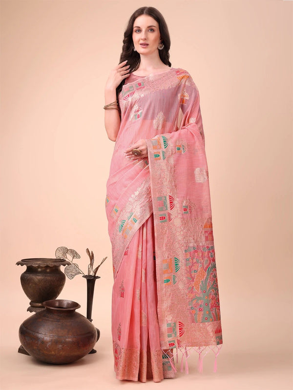 Pink Embroidered Linen Saree with Handloom Detailing