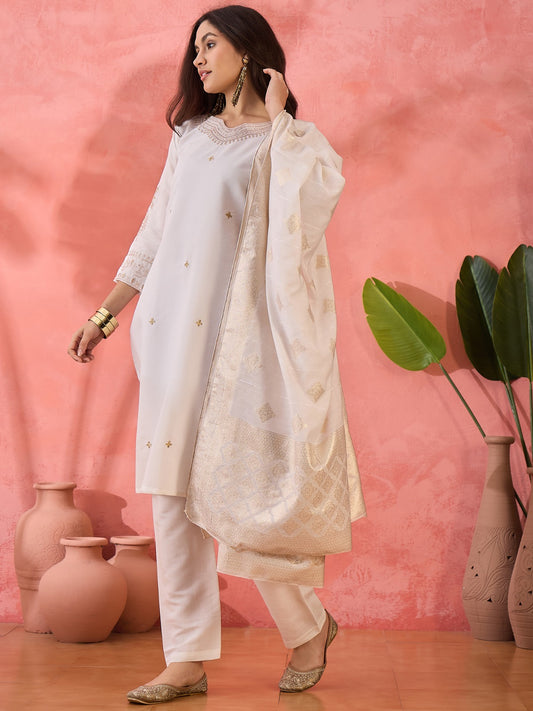 Ivory White Roman Silk Suit with Banarasi Dupatta Elegance