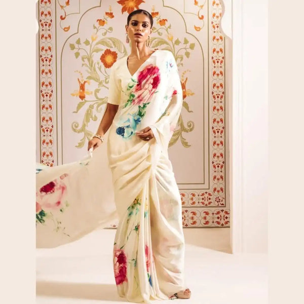 White Satin Silk Saree with Floral Print – Elegant & Luxe