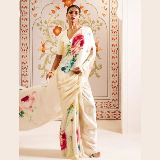White Satin Silk Saree with Floral Print – Elegant & Luxe
