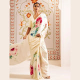 White Satin Silk Saree with Floral Print – Elegant & Luxe