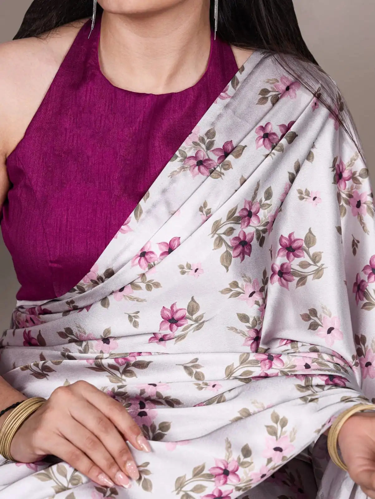 White Floral Printed Satin Silk Saree