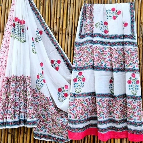 White Floral Mulmul Cotton Saree – Pure Soft Handloom Cotton Saree