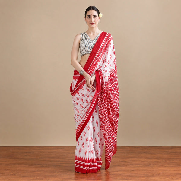White & Red Handcrafted Cotton Mulmul Saree with Ikat Print