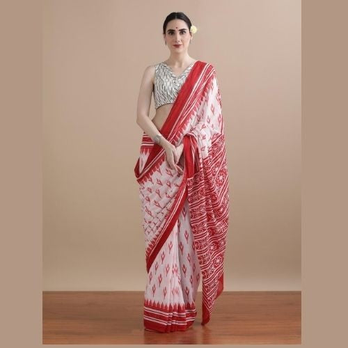 White and Red Cotton Mulmul Saree – Soft Pure Cotton Handloom Saree for Women