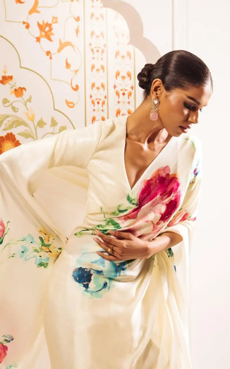 White Floral Printed Satin Silk Saree