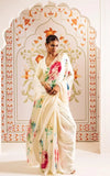 White Floral Printed Satin Silk Saree