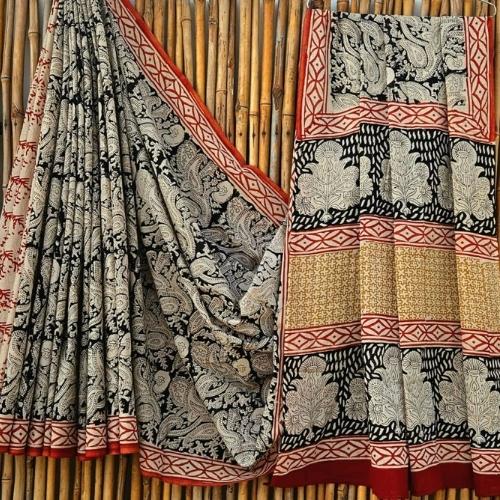 Black and White Paisley Mulmul Cotton Saree with Red Border