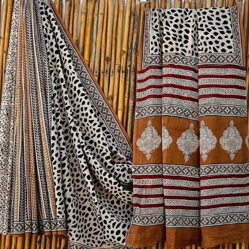 White and Brown Leopard Print Mulmul Cotton Saree