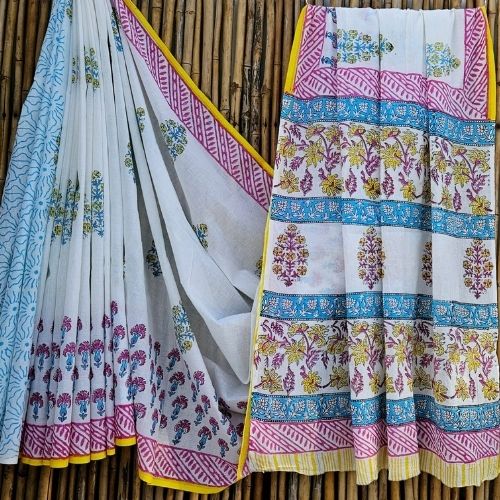 White Elegant Floral Printed Mulmul Cotton Saree