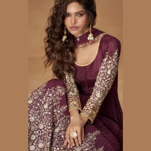 Elegant Wine Anarkali Gown with Dupatta in Premium Chinnon Silk