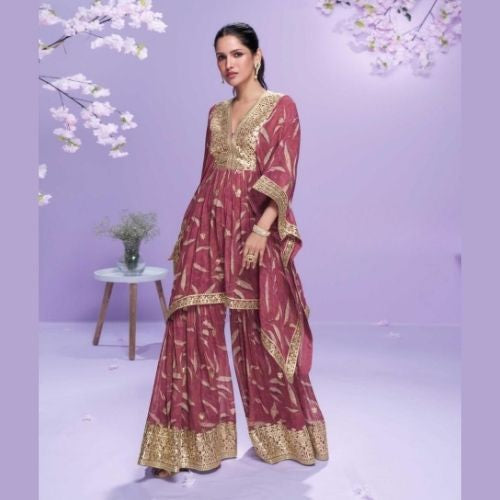 Elegant Wine Georgette Kaftan Suit with Embroidery & Gharara