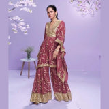 Elegant Wine Georgette Kaftan Suit with Embroidery & Gharara