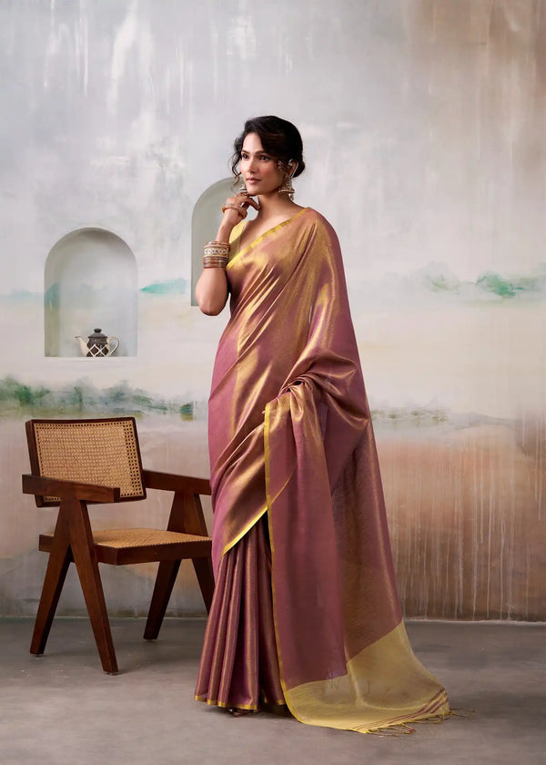 Wine & Gold Tissue Silk Saree – Premium Pure Soft Tissue Silk
