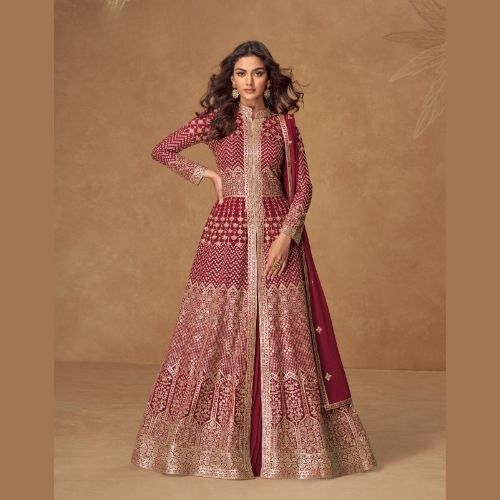 Designer Wine Red Georgette Anarkali Gown with Dupatta