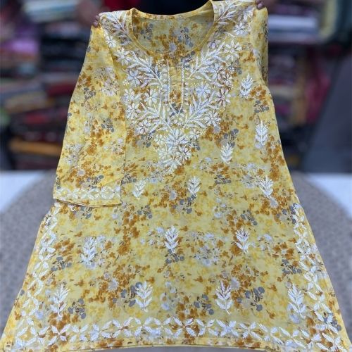 Yellow Floral Chikankari Cotton Short Kurti – 32 Inch Length