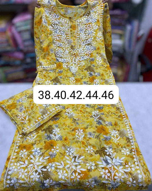 Yellow Chikankari MulMul Cotton Kurti & Palazzo Set 