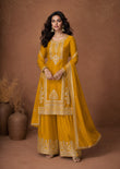 Mustard Yellow Embroidered Chinon Silk Palazzo Set