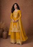 Mustard Yellow Embroidered Chinon Silk Palazzo Set