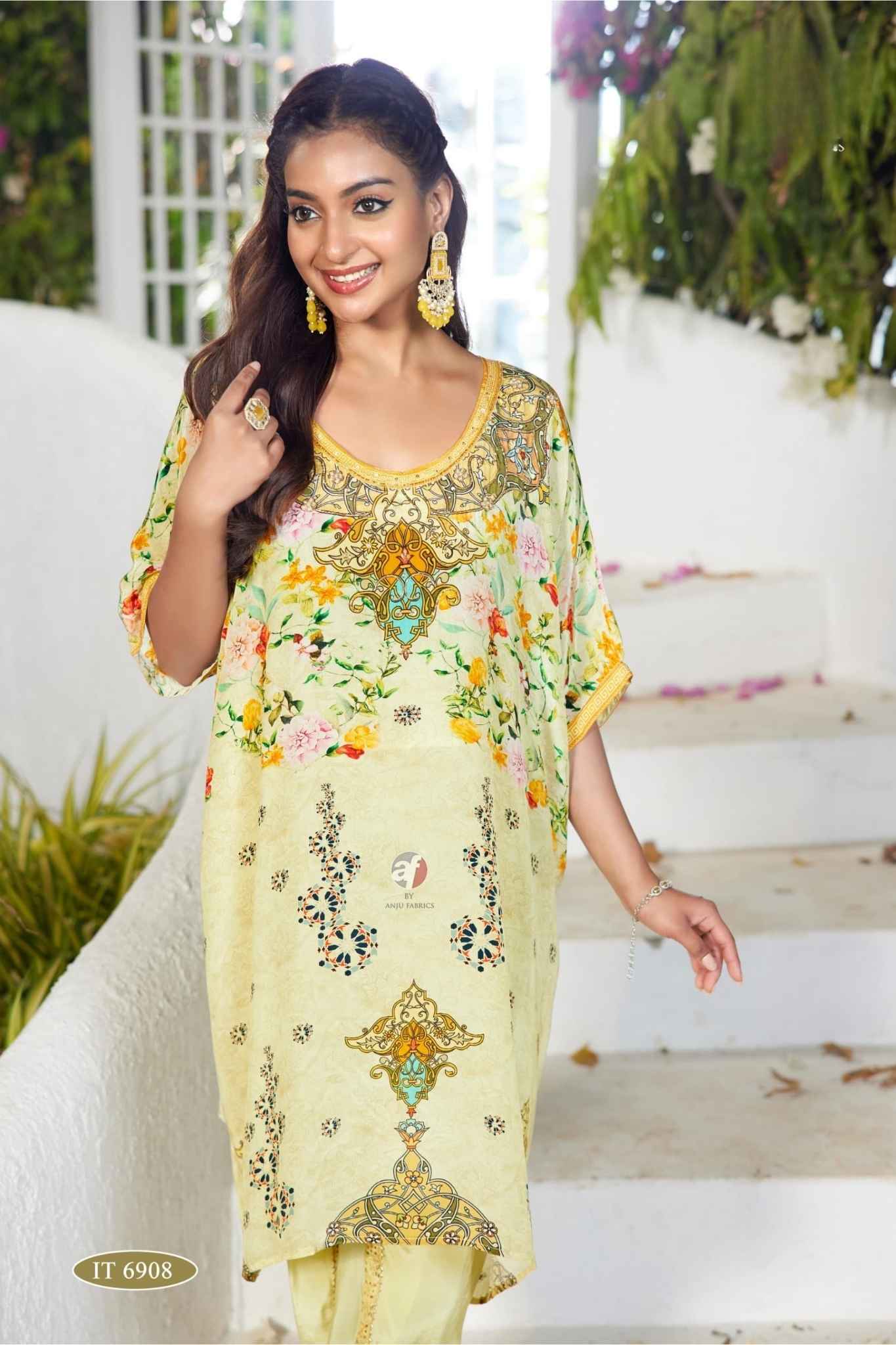 Yellow Designer Kaftan Kurti with Handwork & Tulip Pant