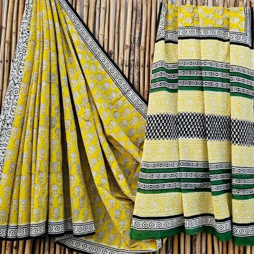 Yellow Printed Mulmul Cotton Saree - Elegant Floral Design