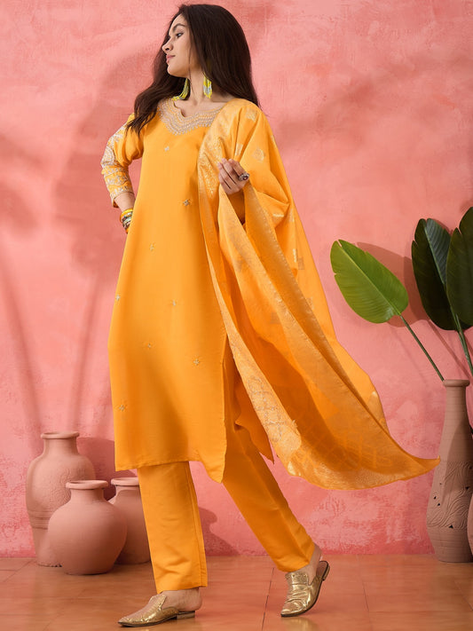 Sunshine Yellow Roman Silk Suit with Embroidered Neckline