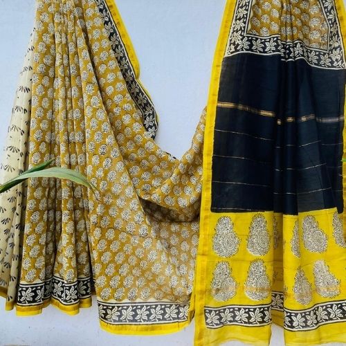 Yellow & Black Chanderi Silk Saree with Paisley Motif Design