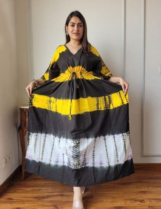 Yellow & Black Hand Dyed Cotton Kaftan – Free Size 36" to 52"