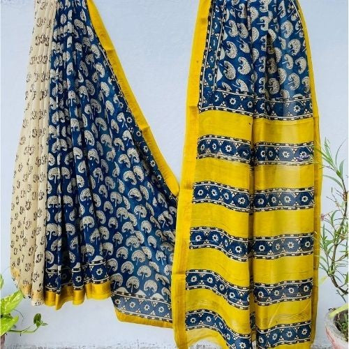 Yellow and Blue Maheshwari Silk Saree with Handcrafted Block Patterns